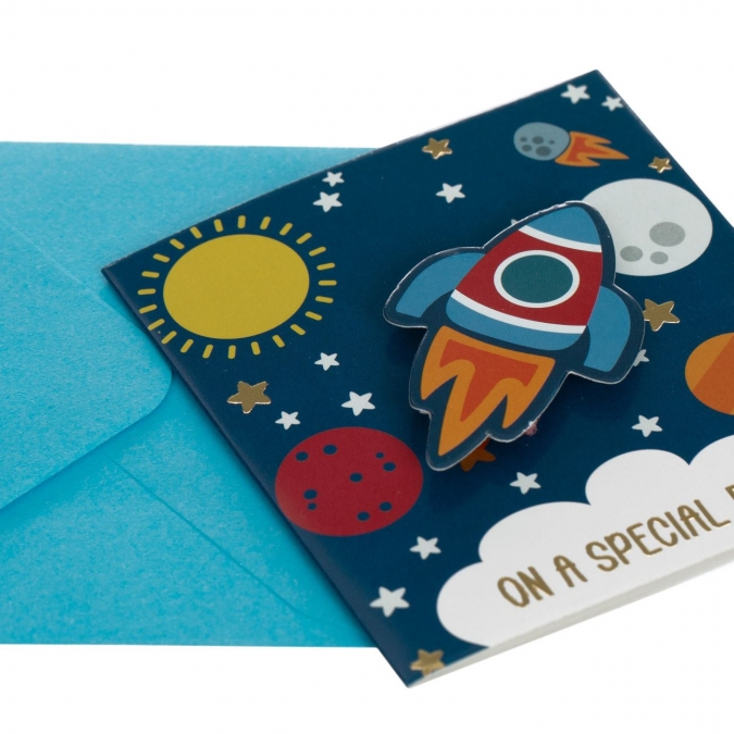 3D мини картичка, Ракета, космос 7,5x8,5см, с включен плик /Mb/