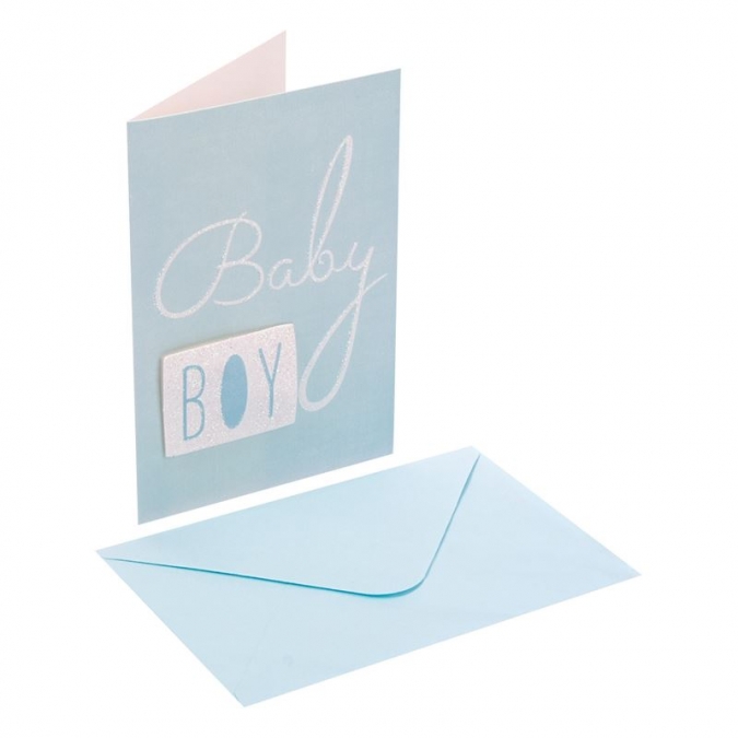 3D картичка за бебе момче "Baby Boy" в синьо брокат, 13x19см с включен плик /Mb/