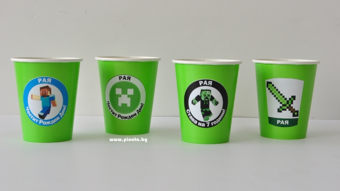 Персонализирана хартиена парти чашка 250 мл Майнкрафт, 6бр. пакет