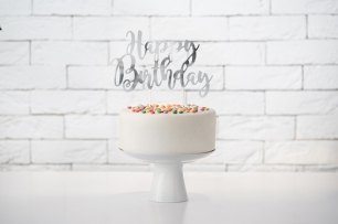 Декорация за торта с текст Happy Birthday в огледално сребърно, 22,5см /Pd/
