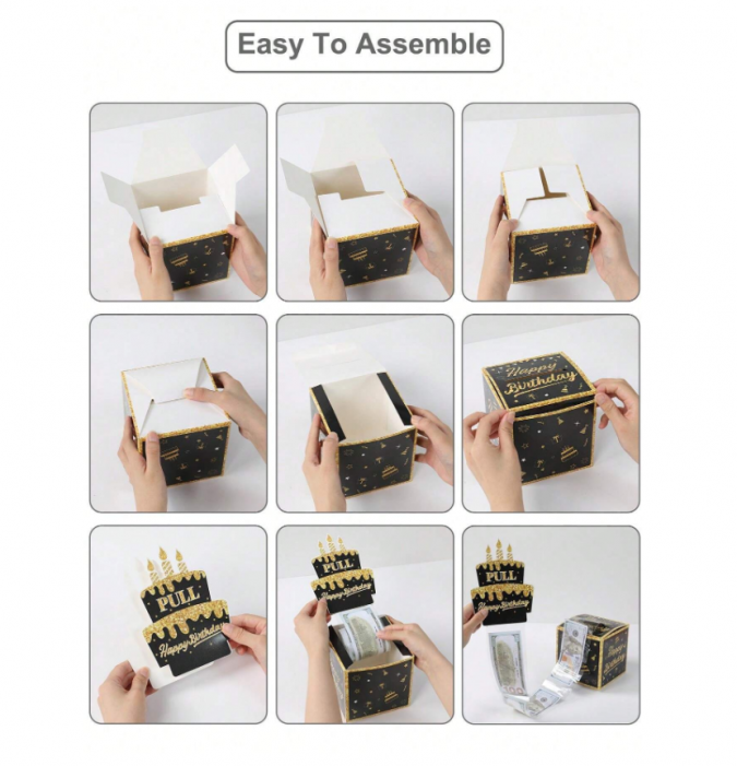 Кутия за подарък за рожден ден с изненада - пари, в черно и златно /Ch/