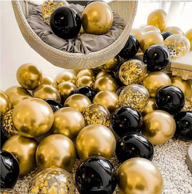 Комплект с балони тип арка, 16бр. балони в черно, златно хром и прозрачни с конфети /Ch/