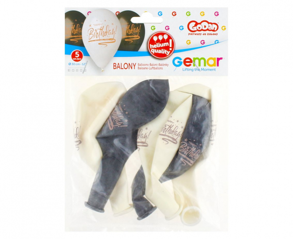 Комплект 5 бр. премиум балони с печат Happy Birthday, в бяло и черно Gemar /Gd/