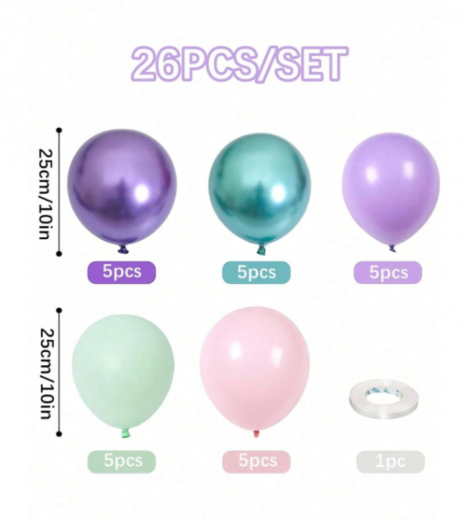 Комплект 26 бр. балони хром в лилаво, зелено и розово /Ch/