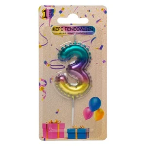 Свещичка, цвят металик дъга - преливащи цветове, цифра 3 /mb/