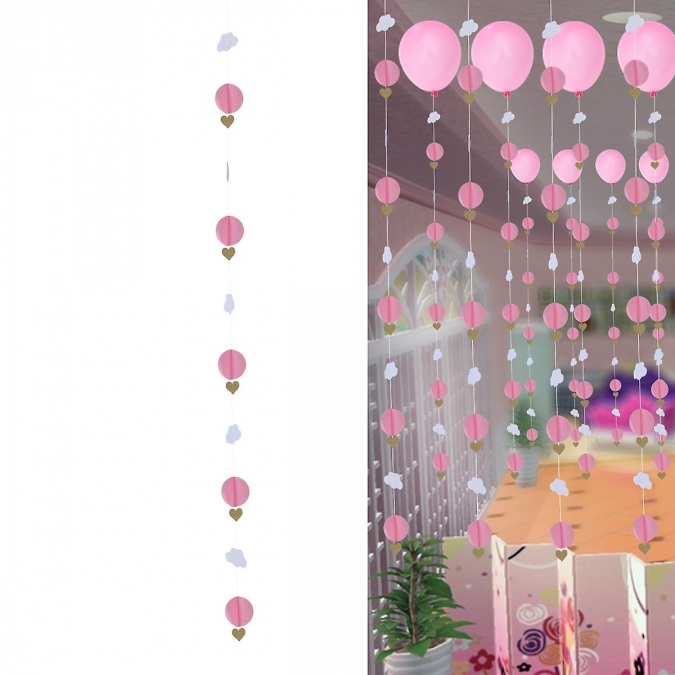 Висяща декорация - гирлянд от 3D топки в розов цвят, облачета и сърца, бебе момиче, 2,50 м. /Tr/