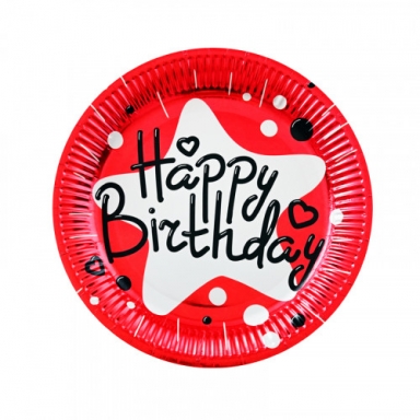 Хартиена парти чинийка Happy Birthday, червена фолио 23 см, 10 бр. в пакет /Km/