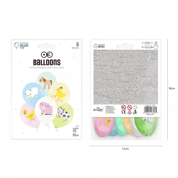 Комплект 6бр. латексови балони с печат Животни от фермата /Pp/