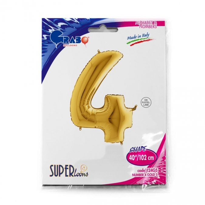 Фолиев балон цифра 4, цвят злато, 102см, Grabo Италия
