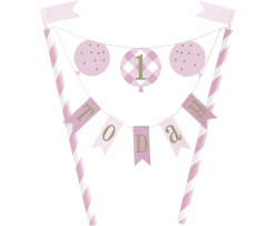 Декорация за торта Първи рожден ден в розово райе / Cake Topper First Birthday Gingham /Gd/