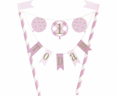 Декорация за торта Първи рожден ден в розово райе / Cake Topper First Birthday Gingham /Gd/