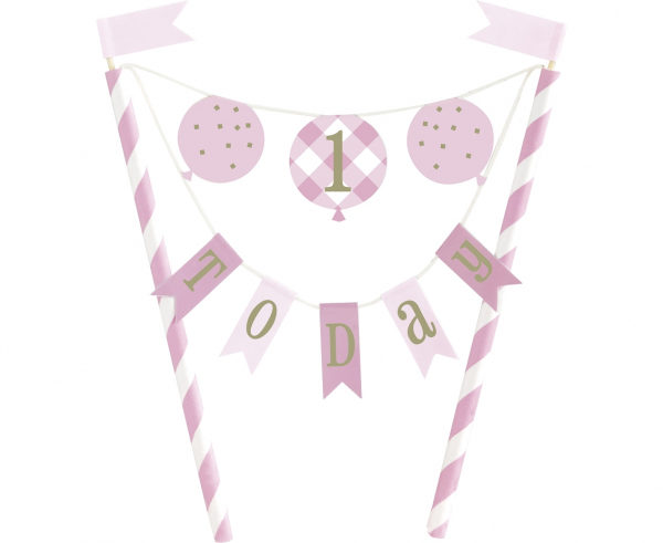 Декорация за торта Първи рожден ден в розово райе / Cake Topper First Birthday Gingham /Gd/