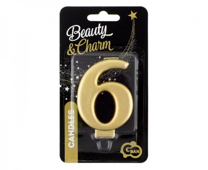 Свещичка за рожден ден, металик цвят злато, цифра 6 /Gd/
