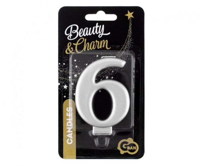 Свещичка за рожден ден, металик цвят сребро, цифра 6 /Gd/