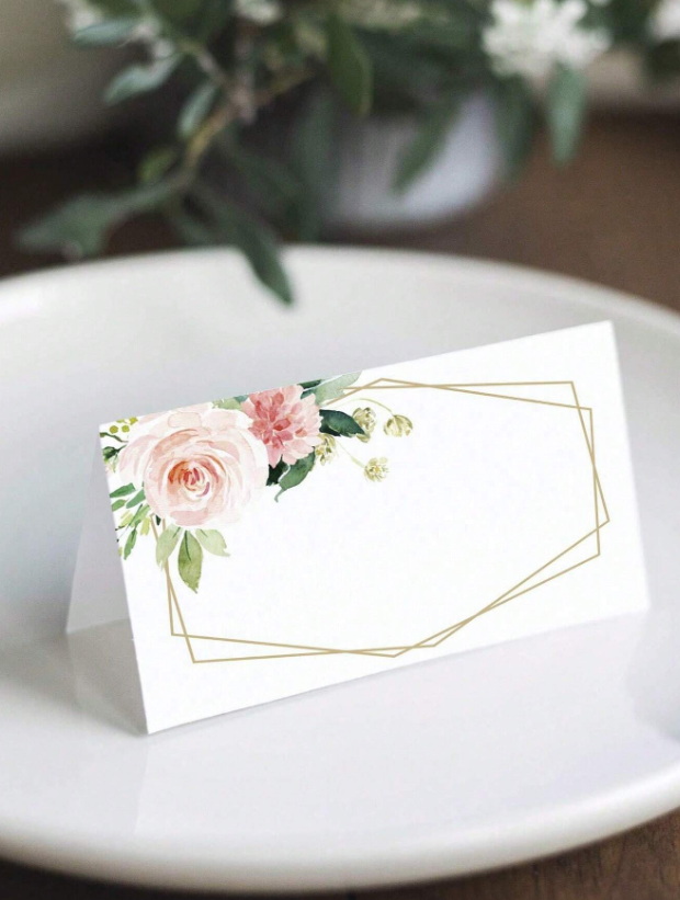 Тейбъл картичка в бяло и златно с рози, 9х5 см, 20бр. в опаковка /Ch/