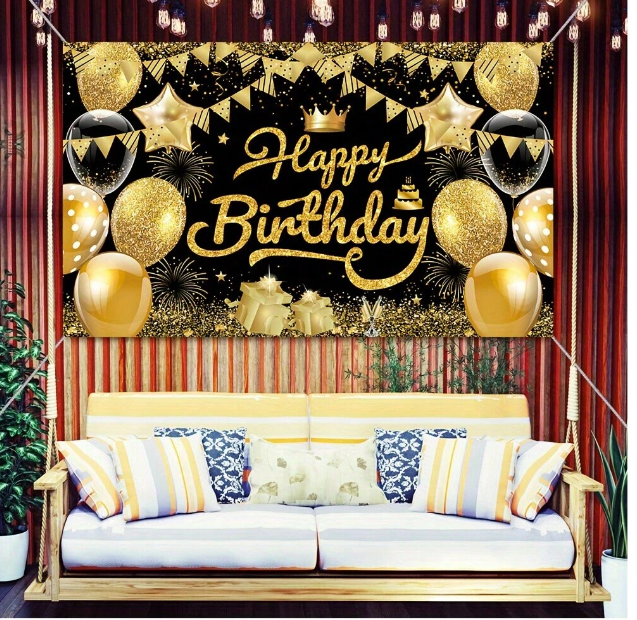 Винил за фон Happy Birthday, златни балони, размер 150х100см /Ch/