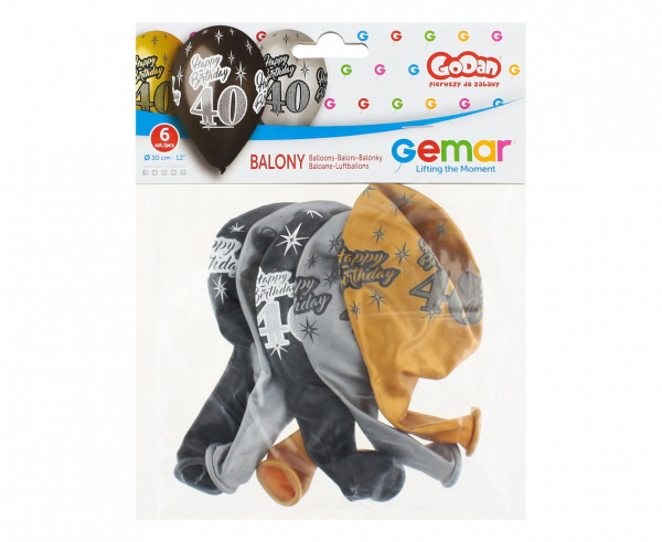 Комплект 6 бр. балони металик с печат 40 години Happy Birthday, микс цветове Gemar /Gd/