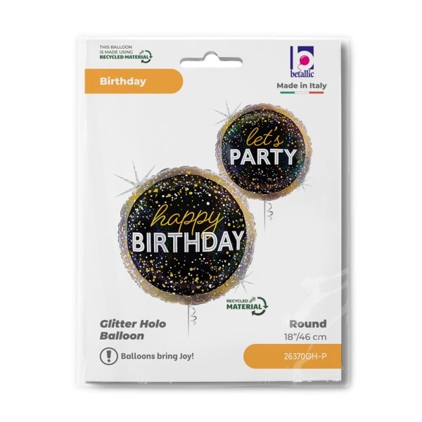 Фолиев балон Happy Birthday, Lets Party, в черно и златно, 46 см /Uk/