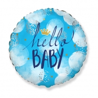 Фолиев балон с текст Hello Baby, бебе момче, 45 см диаметър