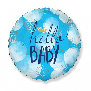 Фолиев балон с текст Hello Baby, бебе момче, 45 см диаметър