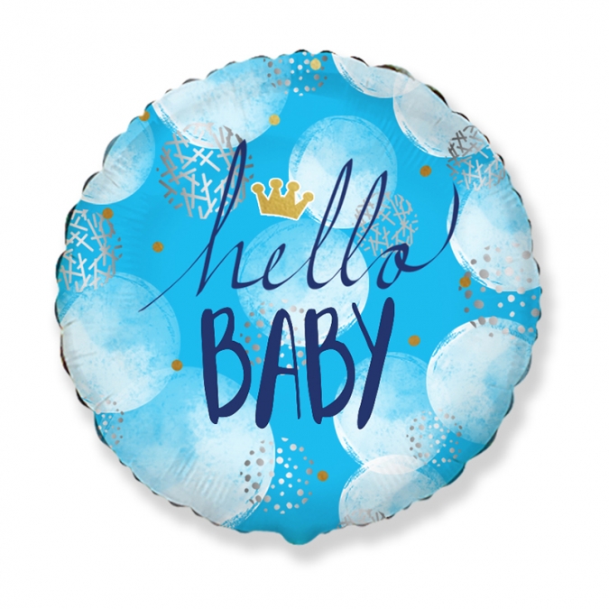 Фолиев балон с текст Hello Baby, бебе момче, 45 см диаметър