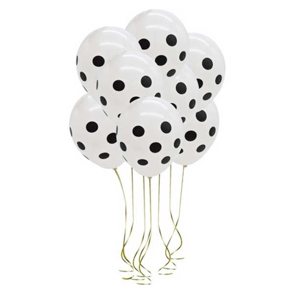 Балон бял на черни точки, диаметър 30 см, 5 бр. в пакет