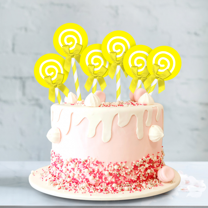 Декорация за торта - близалки цвят жълт, 6 бр. в опаковка /Tr/