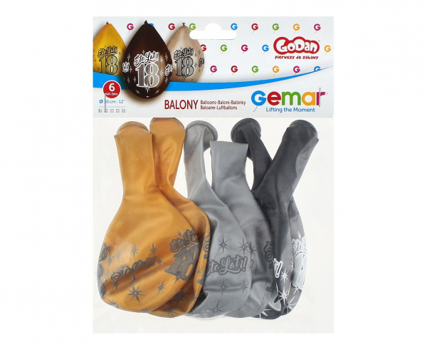 Комплект 6 бр. балони металик с печат 18 години Happy Birthday, микс цветове Gemar /Gd/