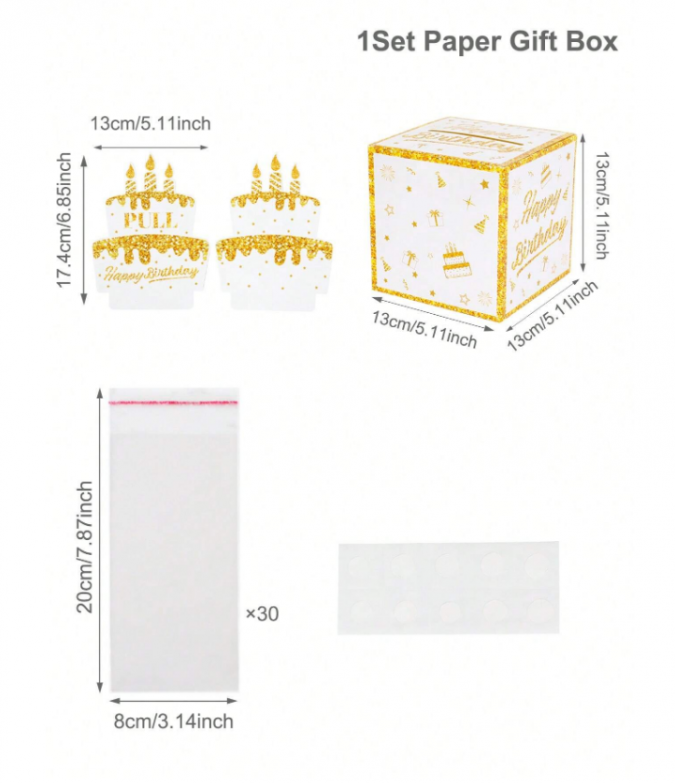 Кутия за подарък за рожден ден с изненада - пари, в бяло и златно /Ch/