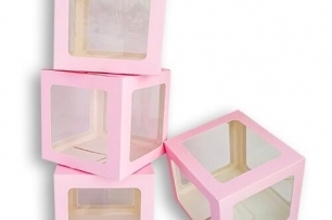 Комплект 4бр. декоративни прозрачни кутии за балони - Love, Baby, Boy, Girl ...цвят розов /Tr/