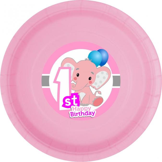 Хартиена парти чинийка  Слонче Първи рожден ден момиче цвят розов бебе / First Birthday Elephant, 23 см. диаметър, 8 бр. в опаковка