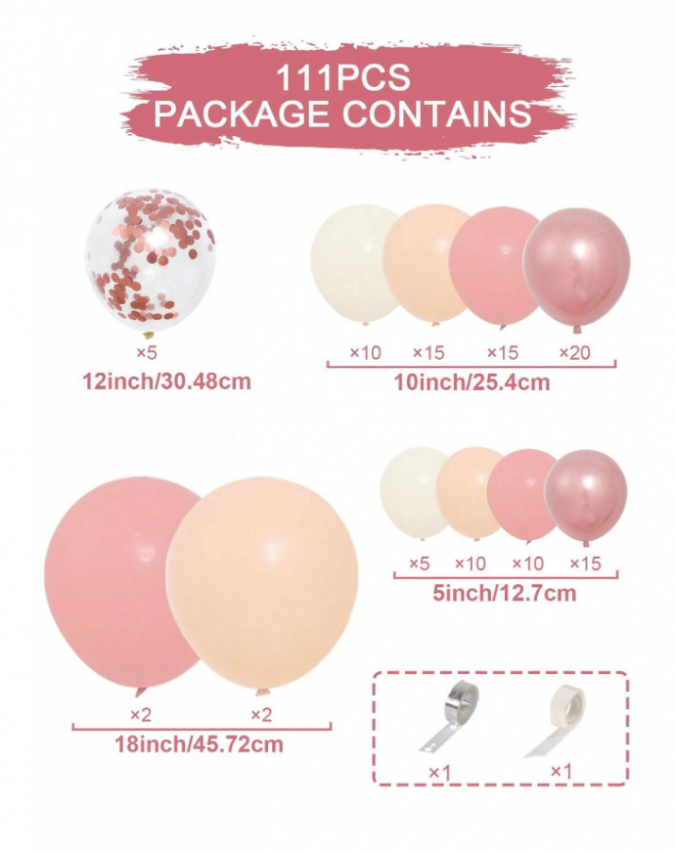 Комплект за арка 109 бр. балони в розово злато, златно хром, телесни и конфети /Ch/