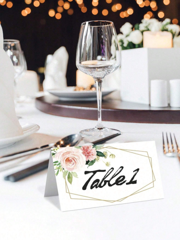 Тейбъл картичка в бяло и златно с рози, 9х5 см, 20бр. в опаковка /Ch/