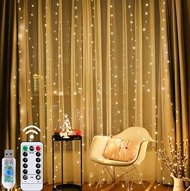 Светеща завеса за декорация от 300 LED лампички 3х3м,  топла бяла светлина /Ch/