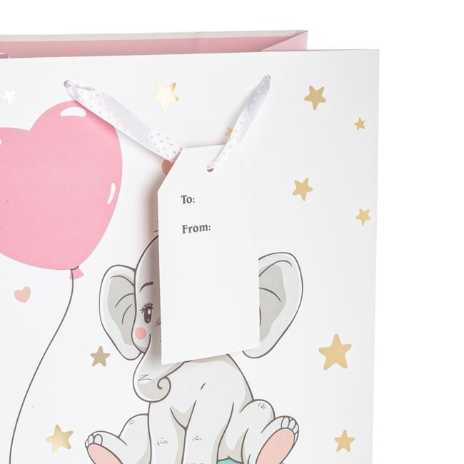 Подаръчна торбчка в розово, слонче и дъга, златисто фолио, 26x14.5x32см /Mb/