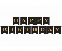 Банер гирлянд Happy Birthday, цвят черен със златни  букви /Gd/