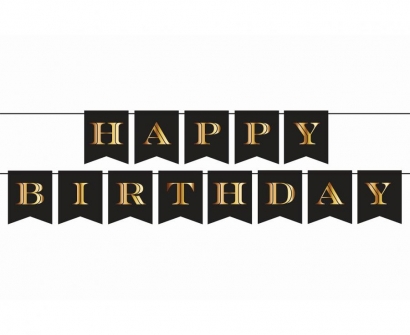 Банер гирлянд Happy Birthday, цвят черен със златни  букви /Gd/