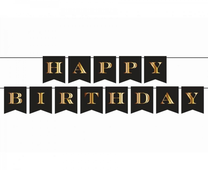Банер гирлянд Happy Birthday, цвят черен със златни  букви /Gd/