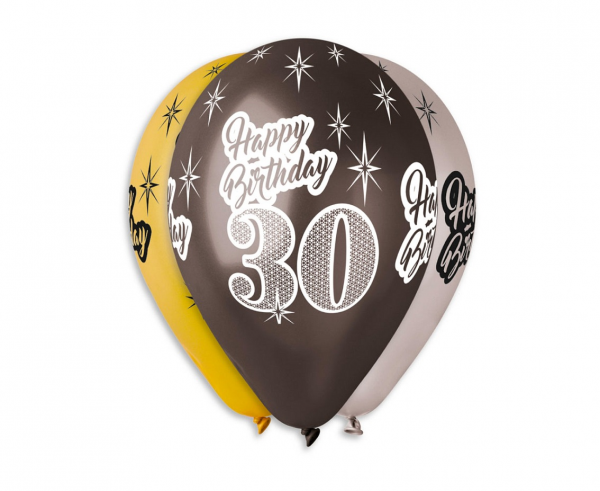 Комплект 6 бр. балони металик с печат 30 години Happy Birthday, микс цветове Gemar /Gd/