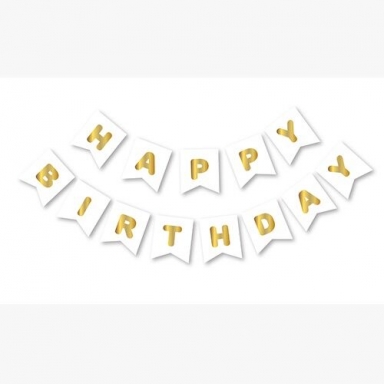 Банер гирлянд Happy Birthday, цвят бял със златни блестящи букви, /Tr/