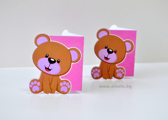 Покана за рожден ден Мече Теди, двустранна отваряема, 6 бр. пакет