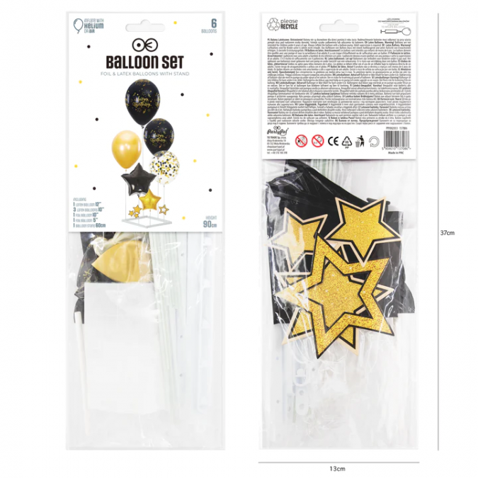 Комплект балони Happy Birthday в черни и златни цветове, с включена стойка  /Pp/