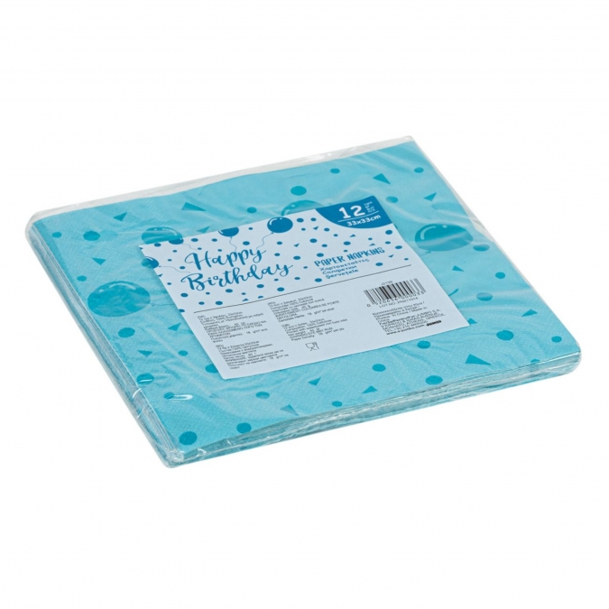 Парти салфетки Happy Birthday, блестящи балони сини 33х33 см, 12 бр. в пакет /Mb/