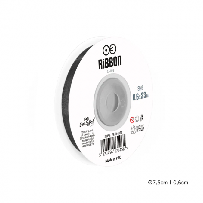 Сатенена лента, цвят черен, 0,6х23м /Pp/