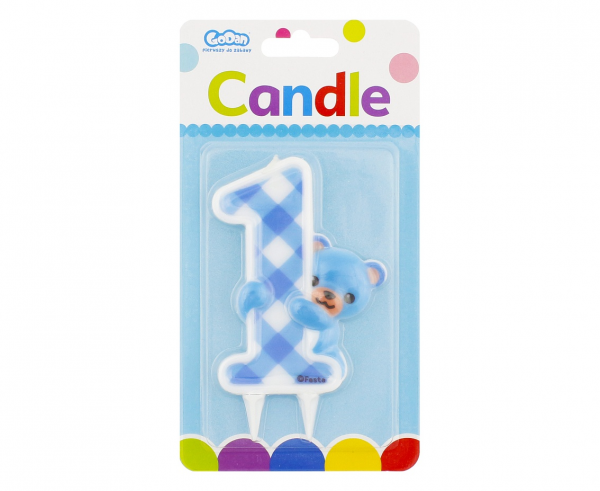 Свещичка за рожден ден, цифра едно, момче, мече, първи рожден ден цвят син /Gd/
