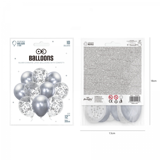 Комплект 10 бр. балони сребро хром, прозрачни с конфети /Pp/
