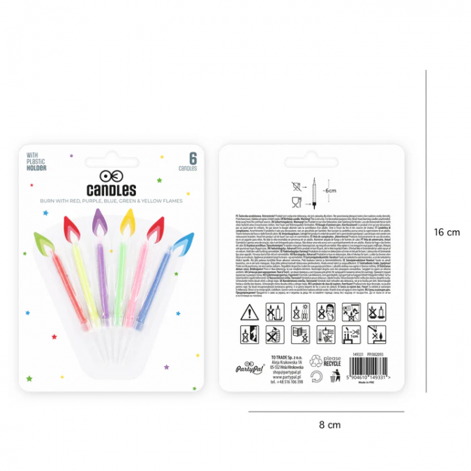 Свещички за рожден ден с цветни пламъци, 6 бр. в опаковка /Pp/