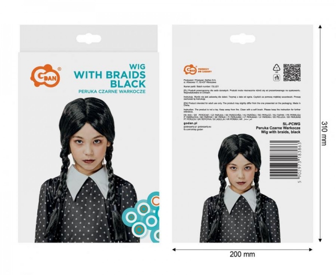 Детска черна перука "Уенсдей" с плитки /Gd/