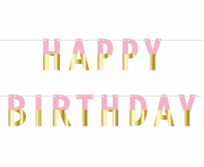 Банер гирлянд за декорация с текст Happy  Birthday / Рожден ден, 1,60 м дължина, цвят розов и злато /Gd/
