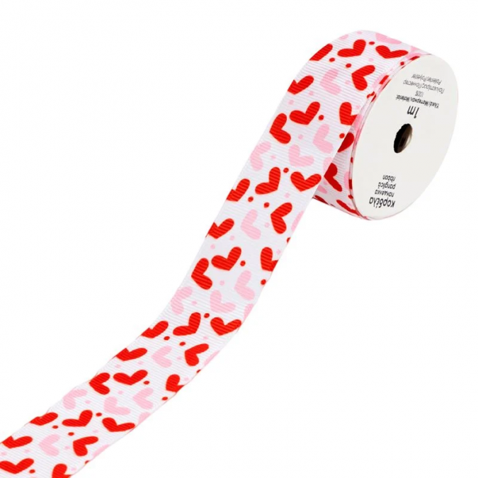 Сатенена лента, сърца в розово и червено, 1.0мх2,5см /Mb/